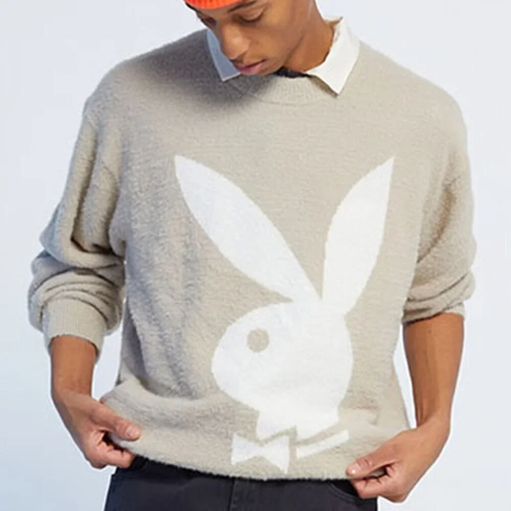 PLAYBOY Fuzzy Bunny Head PacSun Crew Neck Sweater Tan Beige XL